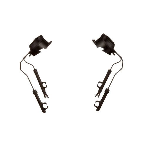 Left and Right Side Attachments for Tactical Headset Rail Mounts in black, showing helmet rail system adapter and pressure-easing design.