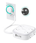 360 Degree Rotating Flat Plug Surge Protector Power Strip With 1 Foot Extension Cord plugged into wall outlet with USB ports.