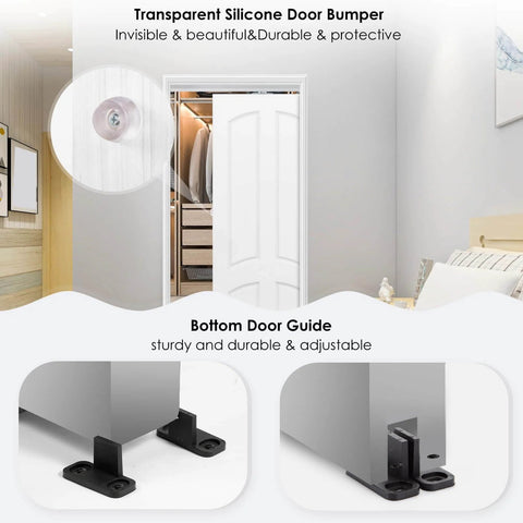 60Inch Sliding Pocket Door Hardware Kit With Aluminum Track And Soft Close Rail, installed door with silicone bumper and bottom guide