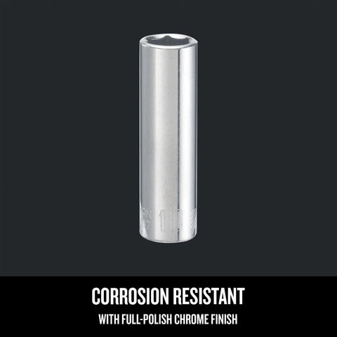Deep Socket 10mm Metric, 1/4 Inch Drive, 6 Point, Chrome Finish, Corrosion Resistant, tool on black background
