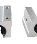 Two SBR20UU preloaded blocks for SBR20 350mm Linear Guide Rail, used in CNC rigs and 3D printers, showing front and side view.
