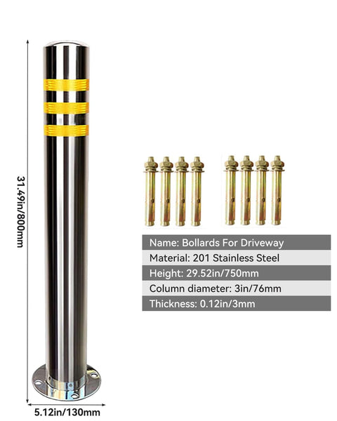 Rock Solid 32 Inch Stainless Steel Security Bollard 2 Pack with High Visibility Reflective Tape and Full Anchor Bolt Kit, heavy duty vehicle gate stopper.