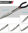 Front view of Five Piece 11 Inch Precision Long Nose Pliers Set With Insulated Comfort Grips For DIY Projects. Durable carbon steel shown.