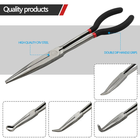 Front view of Five Piece 11 Inch Precision Long Nose Pliers Set With Insulated Comfort Grips For DIY Projects. Durable carbon steel shown.