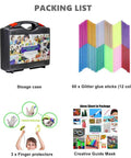 Packing list of Kid Friendly Mini Hot Glue Gun Kit with storage case, 60 colored glue sticks, finger protectors, and guide.