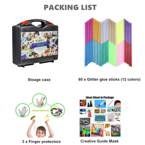 Packing list of Kid Friendly Mini Hot Glue Gun Kit with storage case, 60 colored glue sticks, finger protectors, and guide.