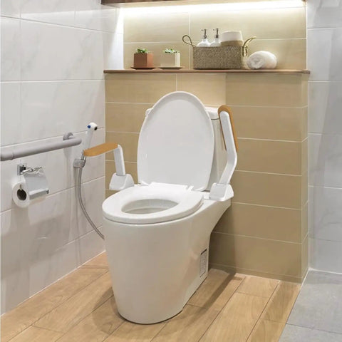 Heavy Duty Toilet Safety Rail For Seniors Featuring Slick Flip Up Wooden Armrest With Non Slip Grip And Rust Resistant Finish in a modern bathroom.