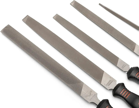 5 Piece General Purpose File Set With Ergonomic Rubber Handles For Home And Shop, Pro Grade American Pattern Bastard Cut Files displayed