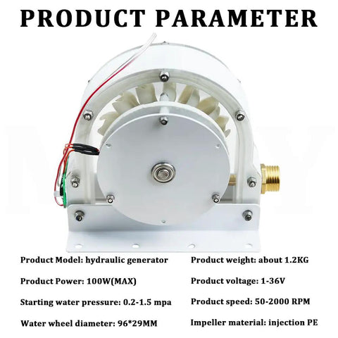 Front view of High Efficiency Pelton Turbine DIY Hydroelectric Generator Kit For Home Power with specifications displayed.