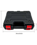 Double Head Sheet Metal Nibbler Drill Attachment in Style B Plastic Box, black with red latches, dimensions labeled