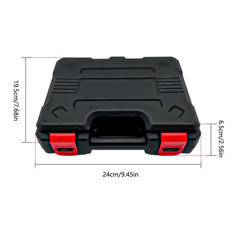 Double Head Sheet Metal Nibbler Drill Attachment in Style B Plastic Box, black with red latches, dimensions labeled