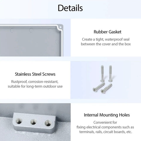 Details of Rugged Outdoor Aluminum Electrical Junction Box IP67 with rubber gasket, stainless screws, and mounting holes.