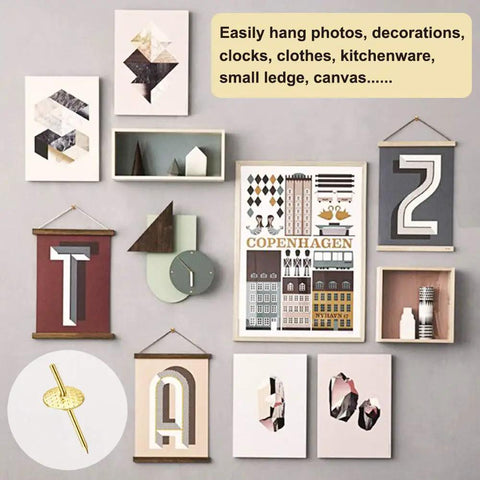 72 Piece Picture Hanger Kit With 4 Sizes and Iron Alloy Nail Hooks For 10 To 60 Lbs displaying framed pictures on a wall