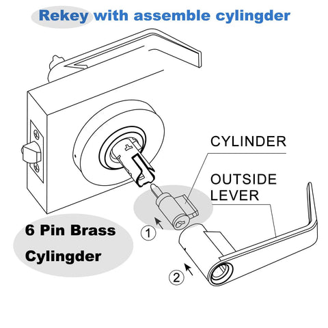 Diagram showing ANSI Grade 2 Commercial Keyed Entry Door Lever Handle with cylinder assembly and 6 Pin Brass Cylinder.