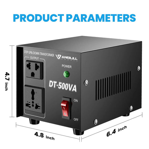 Beefy 500W Voltage Converter Transformer For 110V To 220V And 220V To 110V Heavy Duty Step Up Down shown with dimensions