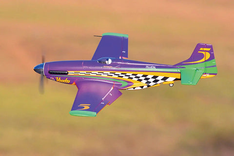 6 Channel RC Plane For Adults With 1100mm Wingspan P51 Mustang Voodoo Hobby RC Plane in flight, colorful design