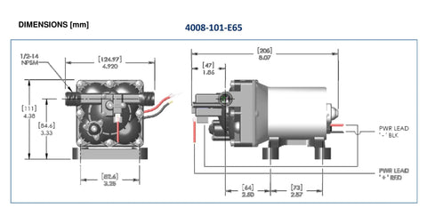 Technical diagram of RV Fresh Water Pump 12V 3.0 GPM 55 PSI, showing dimensions and structure for compact installation.