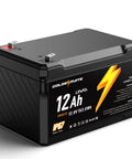 12V 12Ah LiFePO4 Battery With Built In BMS IP67 Waterproof And Over 5000 Deep Cycles in black case, side view