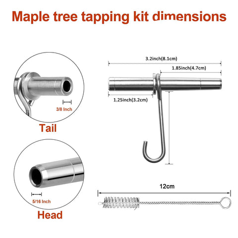 Stainless Steel Maple Syrup Tapping Kit With Six Spiles And Hooks And Two Cleaning Brushes dimensions and details