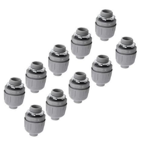 Tough Workhorse Grade Liquid Tight Conduit Connector 1 Inch NPT Nylon 6 Electrical Fittings in grey, ideal for HVAC and marine jobs.