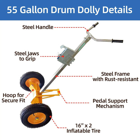 Heavy Duty 55 Gallon Drum Dolly With Industrial Hand Truck, Extra Large 16 Inch Pneumatic Tires, 1000 Lb Capacity, steel frame