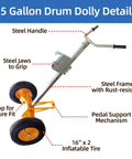 Heavy-Duty 55 Gallon Drum Dolly With Massive 16 Inch Pneumatic Tires For All Terrain Mastery, featuring a steel frame and inflatable tires.