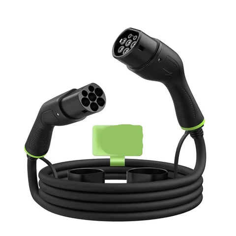 Kickstart Your Roll With This Heavy Duty EV Extension Cord Boasting Dual Head Plugs 16A 32A Fast Charge and silver plated contacts on a black coiled cable.