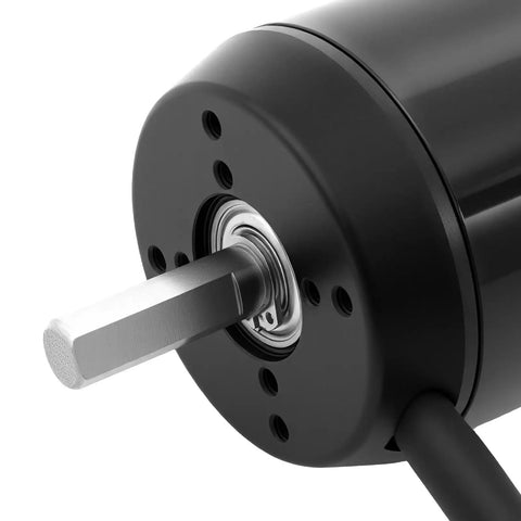 Close-up of the Top Shelf 170Kv Brushless Outrunner Motor With Hall Sensor delivering a beast mode 2300W output, showing the shaft and housing.
