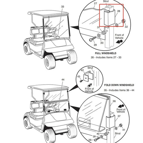 Diagram of golf cart windshield assembly using TXT Golf Cart Windshield Retainer Strip 650mm Replacement Parts OEM EGWHC12