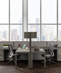Dual L Shaped Office Cubicle Workstation With Roll Along File Cabinet And Chill Gray Desktop Layout For Squad Collaboration with modern design.