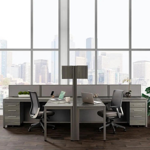 Dual L Shaped Office Cubicle Workstation With Roll Along File Cabinet And Chill Gray Desktop Layout For Squad Collaboration with modern design.