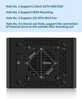 Support holes diagram of the fanless mini PC showing SATA, VESA mounting, and fan connections for efficient setup.