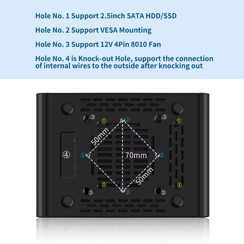 Support holes diagram of the fanless mini PC showing SATA, VESA mounting, and fan connections for efficient setup.