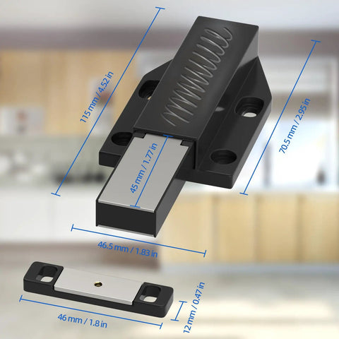 Push To Open Cabinet Latch Set Heavy Duty Touch Latch Magnetic Spring Release, black with dimensions