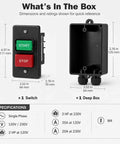 Top Shelf Single Phase Emergency Stop Power Switch With Quick Dual Voltage Control and Heavy Duty Deep Mounting Box, dimensions labeled.