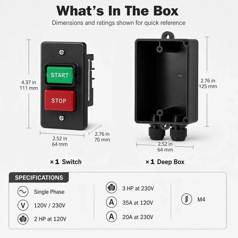 Top Shelf Single Phase Emergency Stop Power Switch With Quick Dual Voltage Control and Heavy Duty Deep Mounting Box, dimensions labeled.