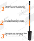 Beefy Heavy Duty Digging Shovel With Fiberglass Handle For Gardening, A Real Workhorse For Rocky Soil And Tough Roots, Metal Blade With High Carbon Steel, 58 Inch Length For Easy Leverage And Long Lasting Use showing high quality rubber grips, strong fiberglass handle, and high-carbon steel blade features.