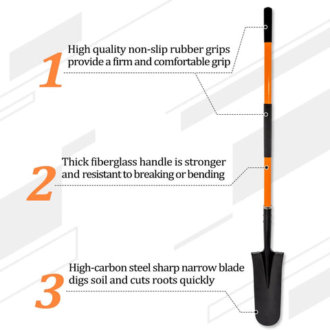Beefy Heavy Duty Digging Shovel With Fiberglass Handle For Gardening, A Real Workhorse For Rocky Soil And Tough Roots, Metal Blade With High Carbon Steel, 58 Inch Length For Easy Leverage And Long Lasting Use showing high quality rubber grips, strong fiberglass handle, and high-carbon steel blade features.