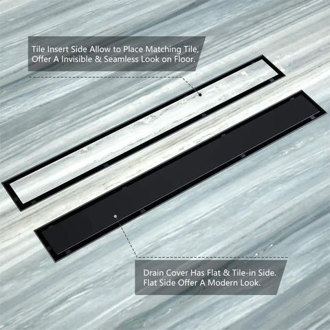 24 Inch Linear Shower Drain With Reversible 2-In-1 Tile Insert Cover In Matte Black SUS304 Stainless Steel Includes Hair Strainer Fits Standard 2-Inch Plumbing Invisible Design For Tile Or Flat Panel