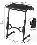 Small Standing Desk On Wheels For Treadmill Workouts, portable rolling desk with adjustable height shown with dimensions