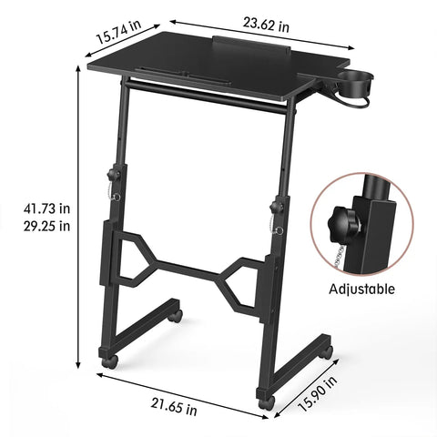 Small Standing Desk On Wheels For Treadmill Workouts, portable rolling desk with adjustable height shown with dimensions