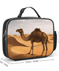 Insulated Lunch Bag For Men And Women Large Capacity Desert Sand Camel Cooler Tote with image of camel and size dimensions
