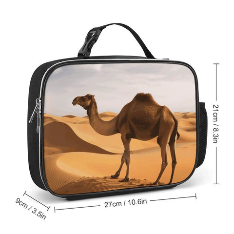Insulated Lunch Bag For Men And Women Large Capacity Desert Sand Camel Cooler Tote with image of camel and size dimensions