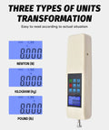 Boss Level Digital Force Gauge 1000N Handheld Dynamometer For Push And Pull Testing With Three Units N Kg Lbf Real Time And Peak Modes Auto Peak 447 Data Storage And USB Data Export, displayed with N, kg, lb units