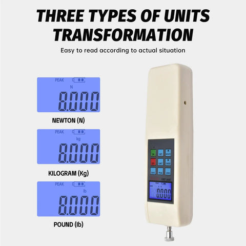 Boss Level Digital Force Gauge 1000N Handheld Dynamometer For Push And Pull Testing With Three Units N Kg Lbf Real Time And Peak Modes Auto Peak 447 Data Storage And USB Data Export, displayed with N, kg, lb units