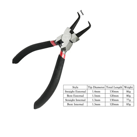 Close-up of 4 Piece Snap Ring Pliers Set Mini Internal And External Circlip Pliers With Straight And Bent Jaw, Spring Loaded C Clip