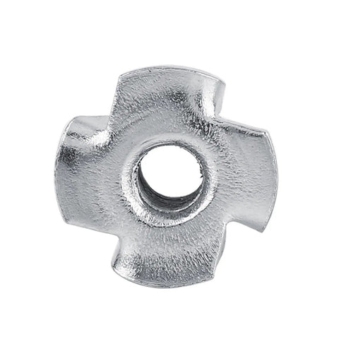 Zinc Plated Carbon Steel Four Pronged Tee Nut For Woodworking And Furniture M4 Size 50 Pack, top view close-up showing prongs