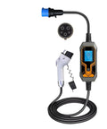 Rock Solid Heavy Duty Portable Type 1 J1772 EV Charger With Five Meter Cord 7 Kilowatt 32 Amp Level 2 EVSE showing connector and screen.