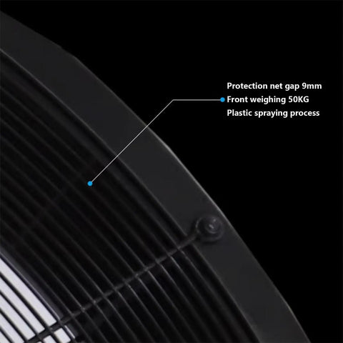 Rugged Heavy Duty Metal Floor Fan Blasting High Velocity Air And Smooth 360 Adjustable Tilt with protective net and plastic finish.