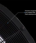 Close-up of Heavy Duty Metal Floor Fan showing 9mm protection net gap and plastic spraying process detail.